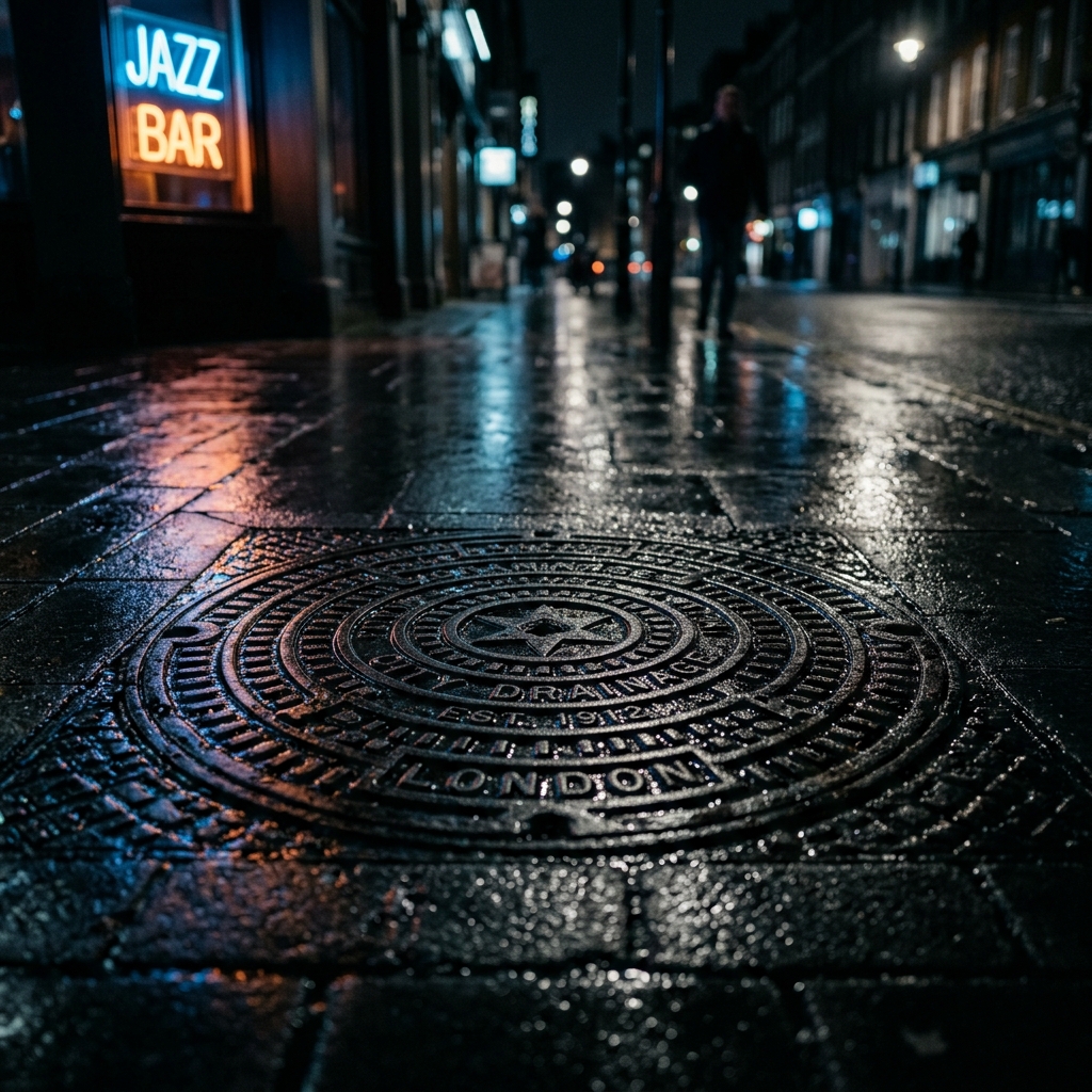 Artistic cast-iron manhole cover details at night